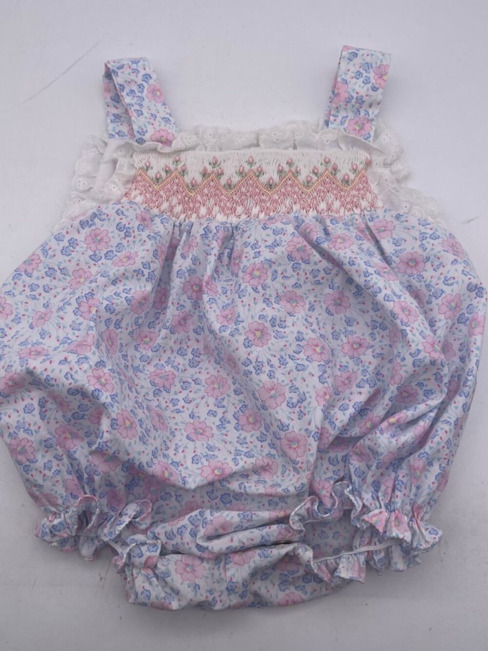 Vintage 80s Alison Scott 12M Floral Smocked Ruffle Bubble Romper Y